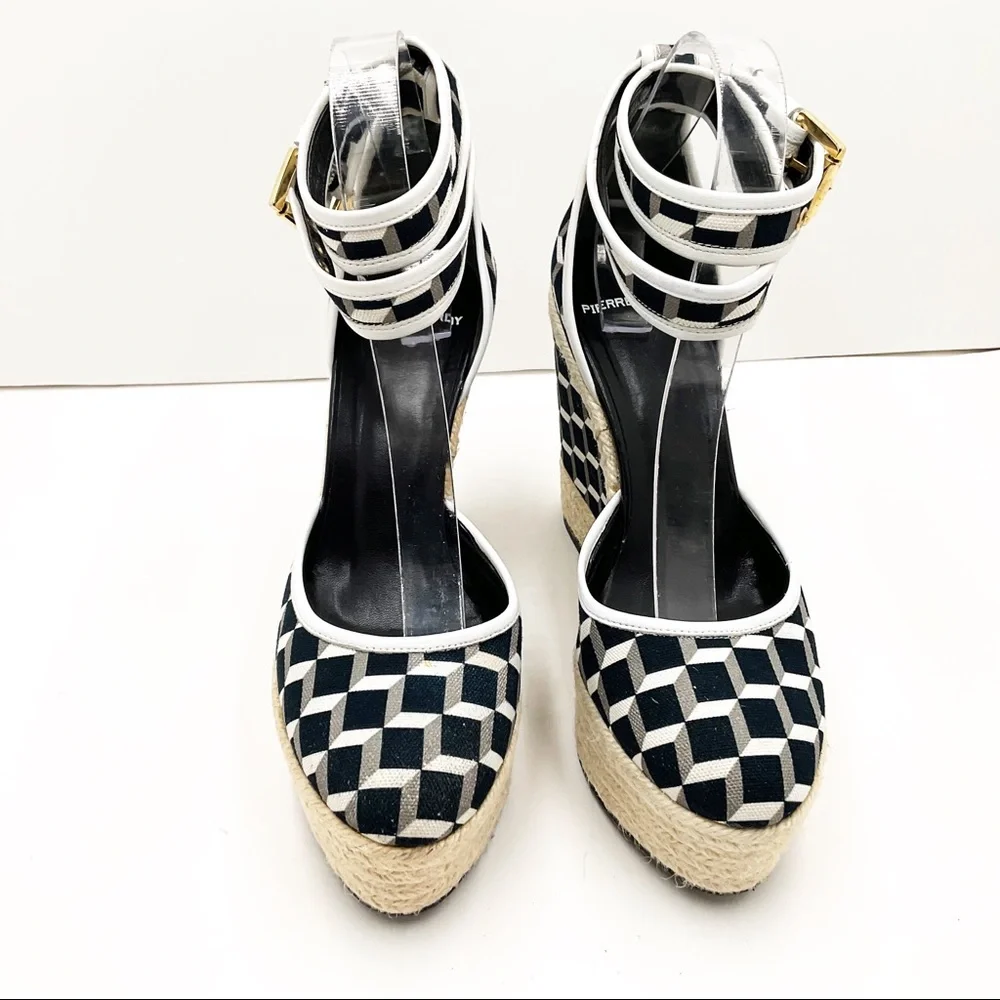 {Pierre Hardy} Canvas & Leather Cubed Print Espadrille Wedges - Picture 10 of 16